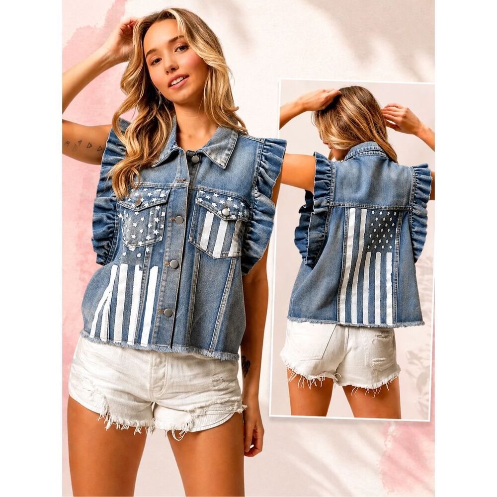 BiBi American Flag Denim Vest Ruffle Sleeve Patriotic Jean Jacket USA Americana